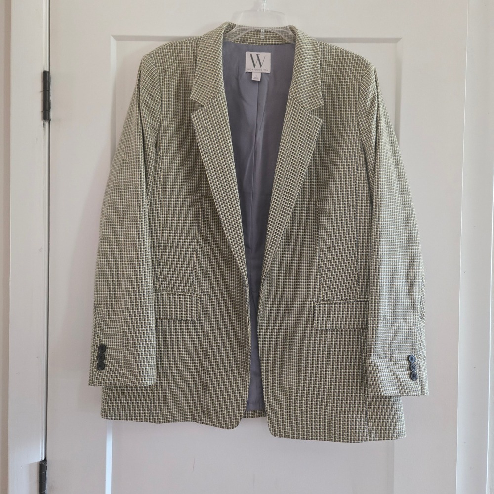 Worthington Womens Blazer Large Grey Yellow Plaid Houndstooth Open Front Jacket - Picture 5 of 8